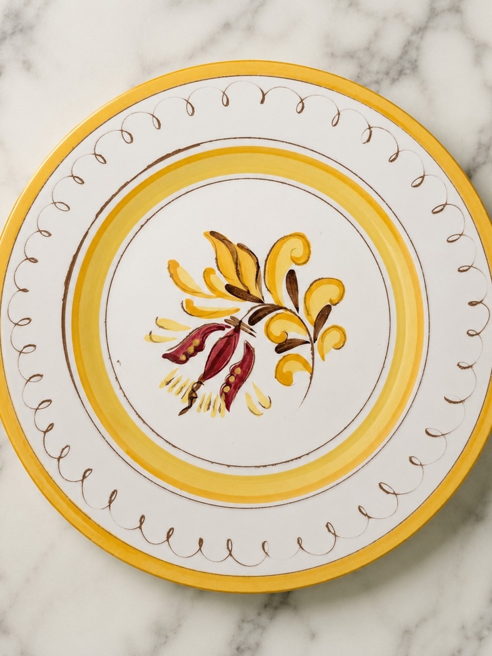Stangl Art Pottery Floral Plate White/Yellow/Brown/Red Glossy Round Printed